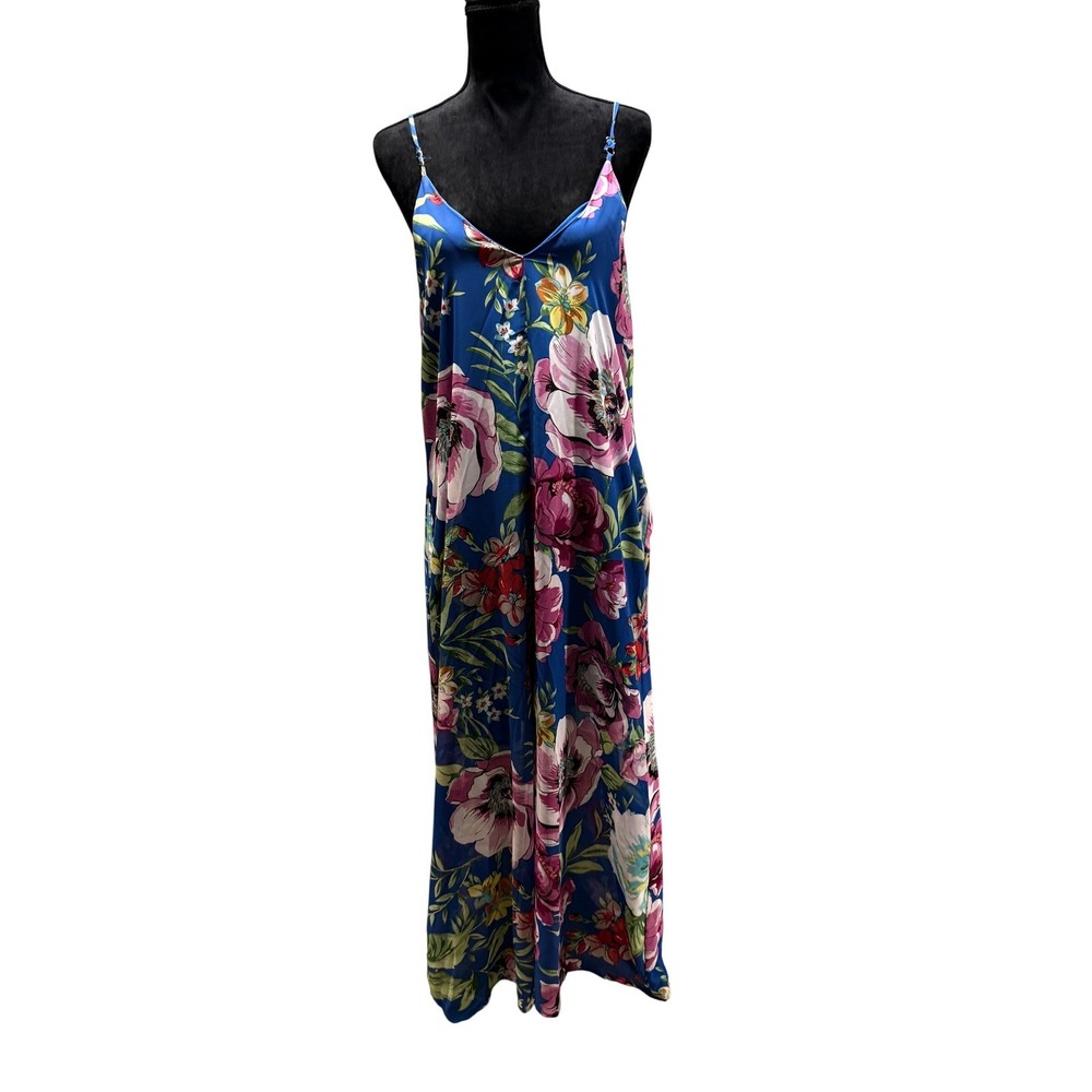 Peach Love California Blue Floral Maxi Dress V-Neck Spaghetti Strap Made in USA